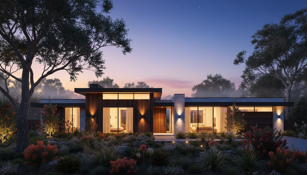A wide-angle, twilight shot of a modern, well-lit family home in Bayswater, Victoria, showcasing its beautiful garden and inviting warmth, designed to enhance Bayswater property appeal with professional real estate photography.