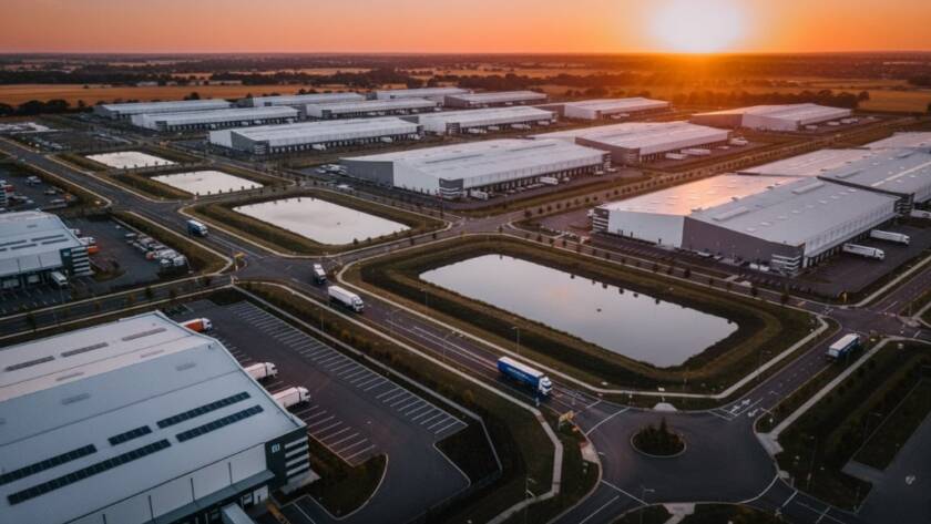 An epic aerial view of a modern industrial complex in Truganina, Victoria, captured by a drone during sunset, showcasing the vast scale and strategic location of commercial properties. This stunning epic aerial views Truganina commercial drone photography highlights a golden hour glow over the architecture and surrounding landscape, creating a cinematic and professional image.