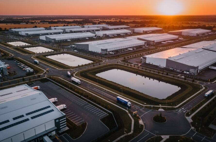 An epic aerial view of a modern industrial complex in Truganina, Victoria, captured by a drone during sunset, showcasing the vast scale and strategic location of commercial properties. This stunning epic aerial views Truganina commercial drone photography highlights a golden hour glow over the architecture and surrounding landscape, creating a cinematic and professional image.