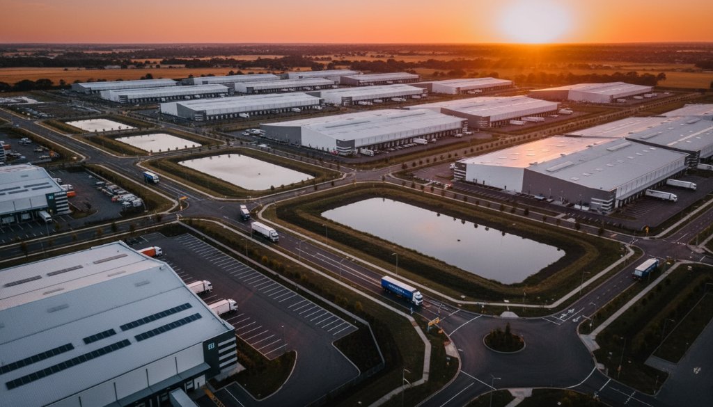 An epic aerial view of a modern industrial complex in Truganina, Victoria, captured by a drone during sunset, showcasing the vast scale and strategic location of commercial properties. This stunning epic aerial views Truganina commercial drone photography highlights a golden hour glow over the architecture and surrounding landscape, creating a cinematic and professional image.