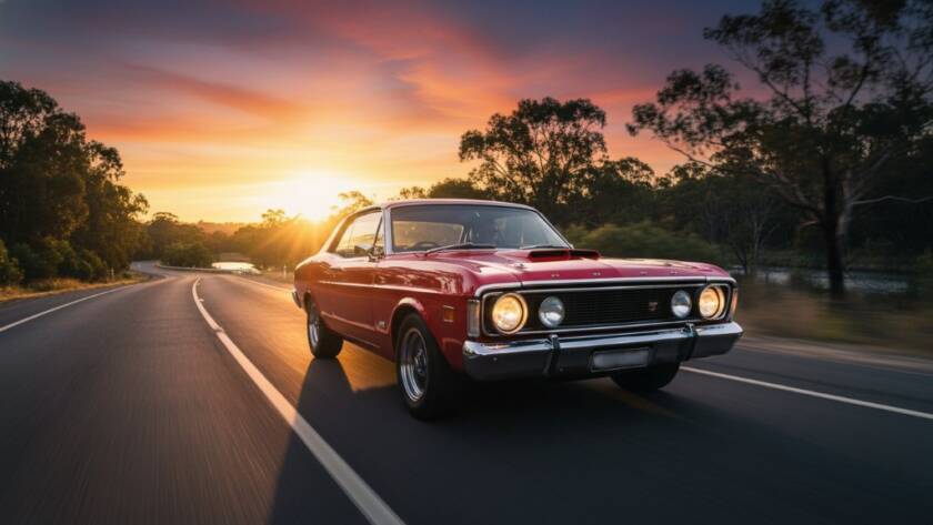 Dynamic professional photo of a classic Ford Falcon XY GT, gleaming under dramatic sunset light on a scenic Bulleen road, capturing an epic automotive photography Bulleen moment with motion blur and rich, cinematic colour grading.