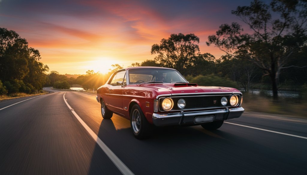 Dynamic professional photo of a classic Ford Falcon XY GT, gleaming under dramatic sunset light on a scenic Bulleen road, capturing an epic automotive photography Bulleen moment with motion blur and rich, cinematic colour grading.