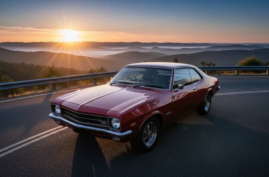 An epic moment of automotive photography in Ferntree Gully Dandenong Ranges, featuring a gleaming vintage muscle car perfectly parked on a winding road with the stunning, misty Dandenong Ranges as a dramatic backdrop at sunrise, professionally colour graded.