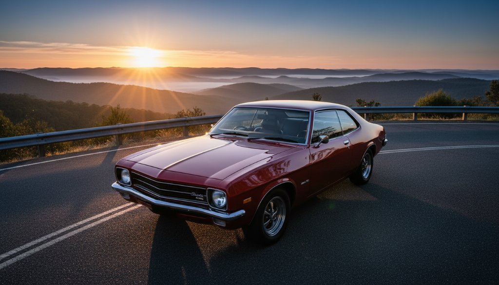 An epic moment of automotive photography in Ferntree Gully Dandenong Ranges, featuring a gleaming vintage muscle car perfectly parked on a winding road with the stunning, misty Dandenong Ranges as a dramatic backdrop at sunrise, professionally colour graded.