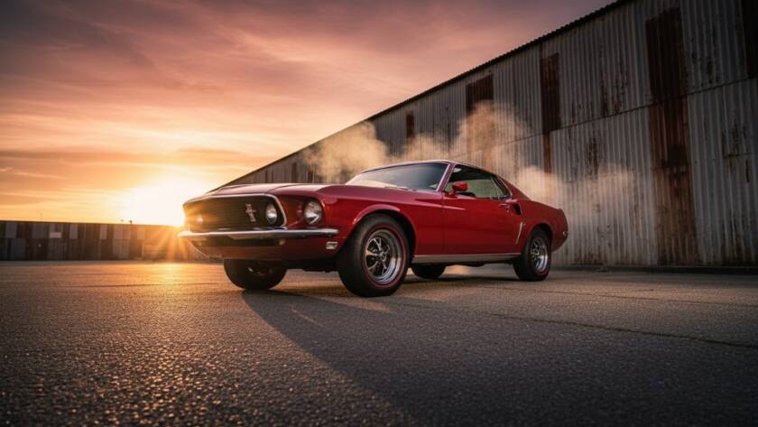 Dramatic, low-angle shot of a classic muscle car, gleaming under a moody, industrial Laverton sunset, with golden hour light reflecting off its polished chrome, embodying epic automotive photography Laverton's industrial beauty.