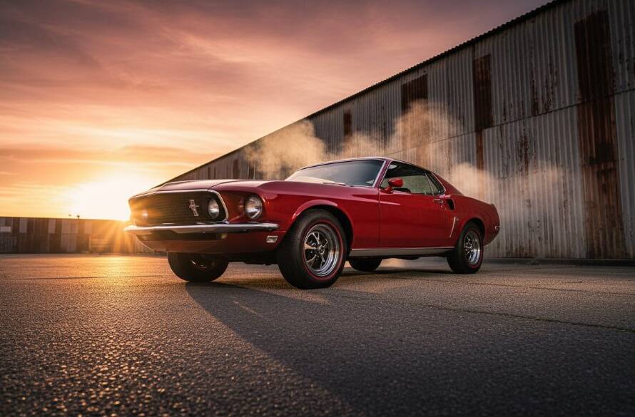 Dramatic, low-angle shot of a classic muscle car, gleaming under a moody, industrial Laverton sunset, with golden hour light reflecting off its polished chrome, embodying epic automotive photography Laverton's industrial beauty.
