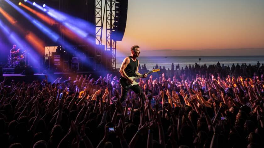 A dynamic, wide-angle photograph capturing an Epic Carrum Live Music Photography Experience, featuring a lead singer bathed in dramatic stage lights on a Carrum stage, with the crowd's hands raised in euphoria.
