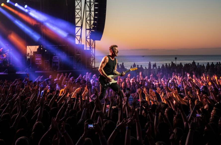 A dynamic, wide-angle photograph capturing an Epic Carrum Live Music Photography Experience, featuring a lead singer bathed in dramatic stage lights on a Carrum stage, with the crowd's hands raised in euphoria.