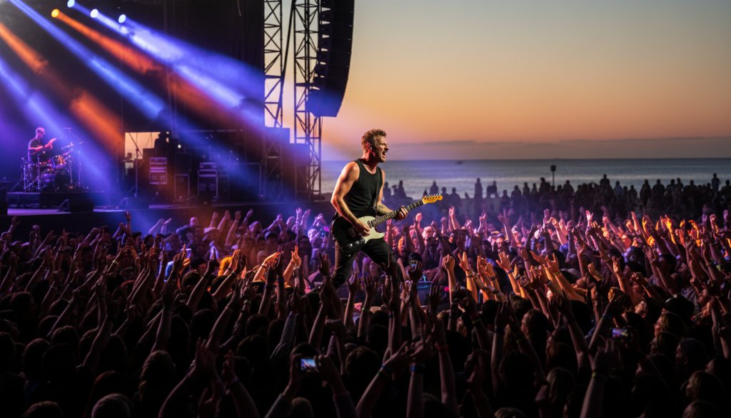 A dynamic, wide-angle photograph capturing an Epic Carrum Live Music Photography Experience, featuring a lead singer bathed in dramatic stage lights on a Carrum stage, with the crowd's hands raised in euphoria.