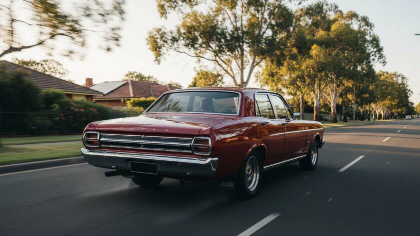 An epic classic car photography in Mitcham Victoria scene, featuring a polished vintage Ford Falcon GT bathed in the golden hour light, parked dramatically on a quiet Mitcham street lined with mature eucalyptus trees, conveying speed and elegance through a low-angle, wide-shot perspective with dynamic bokeh in the background.