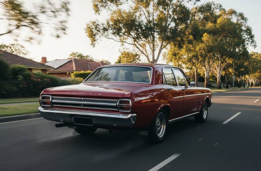 An epic classic car photography in Mitcham Victoria scene, featuring a polished vintage Ford Falcon GT bathed in the golden hour light, parked dramatically on a quiet Mitcham street lined with mature eucalyptus trees, conveying speed and elegance through a low-angle, wide-shot perspective with dynamic bokeh in the background.
