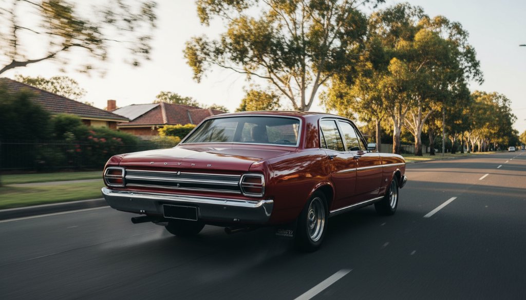 An epic classic car photography in Mitcham Victoria scene, featuring a polished vintage Ford Falcon GT bathed in the golden hour light, parked dramatically on a quiet Mitcham street lined with mature eucalyptus trees, conveying speed and elegance through a low-angle, wide-shot perspective with dynamic bokeh in the background.