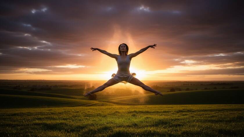 An elegant dancer in mid-air, silhouetted against a dramatic sunset over a scenic Clyde landscape, perfectly embodying Epic Dance Photography Moments Clyde Victoria Australia with dynamic lighting and vibrant colours.