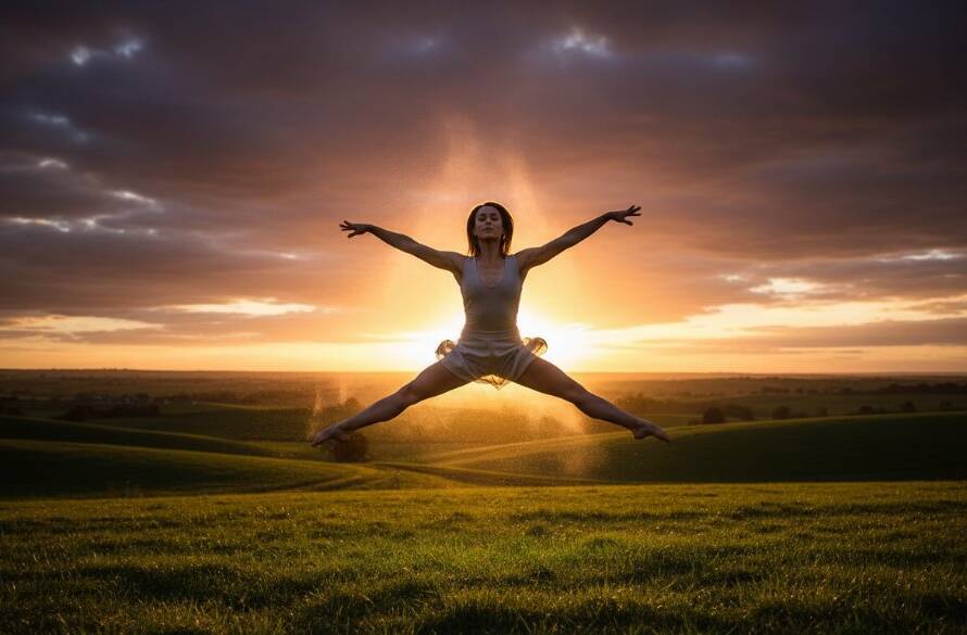An elegant dancer in mid-air, silhouetted against a dramatic sunset over a scenic Clyde landscape, perfectly embodying Epic Dance Photography Moments Clyde Victoria Australia with dynamic lighting and vibrant colours.