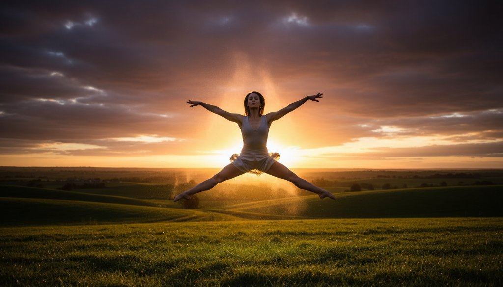 An elegant dancer in mid-air, silhouetted against a dramatic sunset over a scenic Clyde landscape, perfectly embodying Epic Dance Photography Moments Clyde Victoria Australia with dynamic lighting and vibrant colours.
