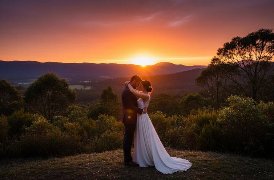 A newlywed couple shares an intimate kiss against a dramatic sunset backdrop, showcasing epic Dandenong Ranges wedding photography The Basin Victoria, with the Dandenong Ranges silhouetted in the distance.