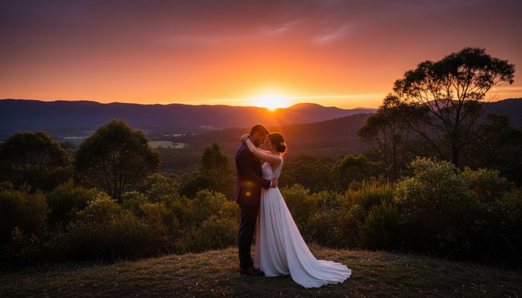 A newlywed couple shares an intimate kiss against a dramatic sunset backdrop, showcasing epic Dandenong Ranges wedding photography The Basin Victoria, with the Dandenong Ranges silhouetted in the distance.