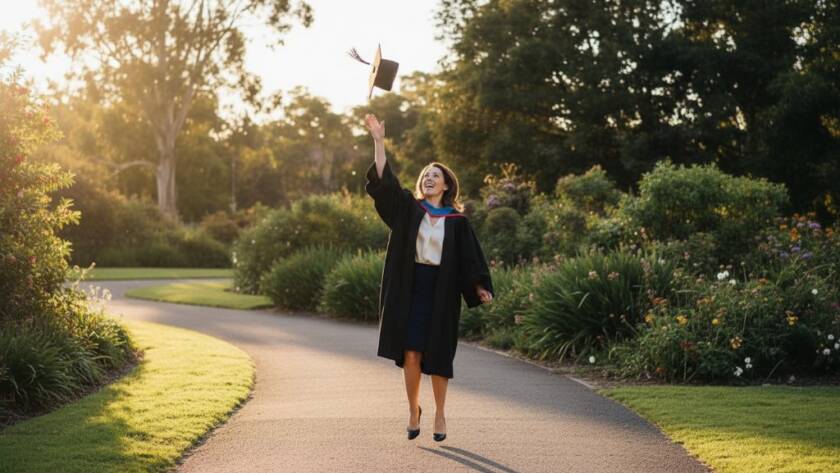 A vibrant, professionally color-graded photograph capturing an epic graduation photography Box Hill South moment, featuring a beaming graduate tossing their cap high against a dramatic sunset sky near the Box Hill Gardens, celebrating their achievement with joy and triumph.