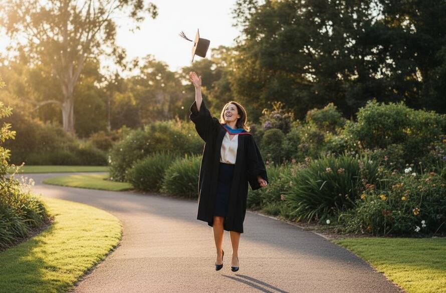 A vibrant, professionally color-graded photograph capturing an epic graduation photography Box Hill South moment, featuring a beaming graduate tossing their cap high against a dramatic sunset sky near the Box Hill Gardens, celebrating their achievement with joy and triumph.
