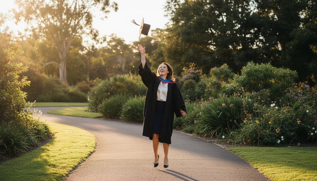 A vibrant, professionally color-graded photograph capturing an epic graduation photography Box Hill South moment, featuring a beaming graduate tossing their cap high against a dramatic sunset sky near the Box Hill Gardens, celebrating their achievement with joy and triumph.