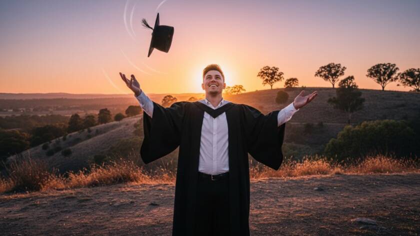 A jubilant graduate in cap and gown, framed by the lush, sun-drenched hills of Croydon Hills, Victoria, throwing their cap into the air at sunset, capturing an Epic Graduation Photography Croydon Hills moment with dynamic, professional lighting.