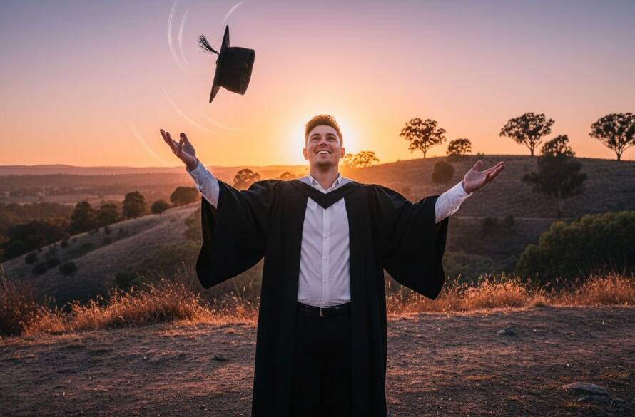 A jubilant graduate in cap and gown, framed by the lush, sun-drenched hills of Croydon Hills, Victoria, throwing their cap into the air at sunset, capturing an Epic Graduation Photography Croydon Hills moment with dynamic, professional lighting.