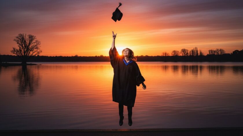 A jubilant graduate, cap thrown high against a dramatic sunset at the Epic Graduation Photography Wendouree Botanical Gardens, celebrating their achievement with joy and triumph, professionally captured with rich, cinematic colours.