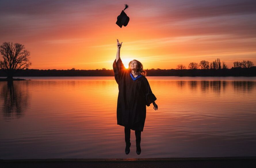 A jubilant graduate, cap thrown high against a dramatic sunset at the Epic Graduation Photography Wendouree Botanical Gardens, celebrating their achievement with joy and triumph, professionally captured with rich, cinematic colours.