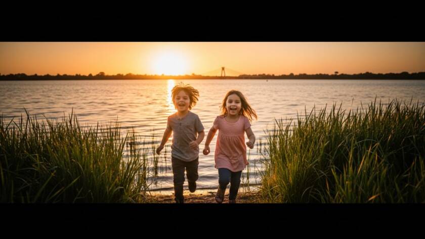 A wide-angle, cinematic photograph showing an epic moment of two children joyfully running along the shore of Sanctuary Lakes at sunset, their laughter illuminated by golden hour light, embodying Epic Kids Photography Sanctuary Lakes Capturing Joy.