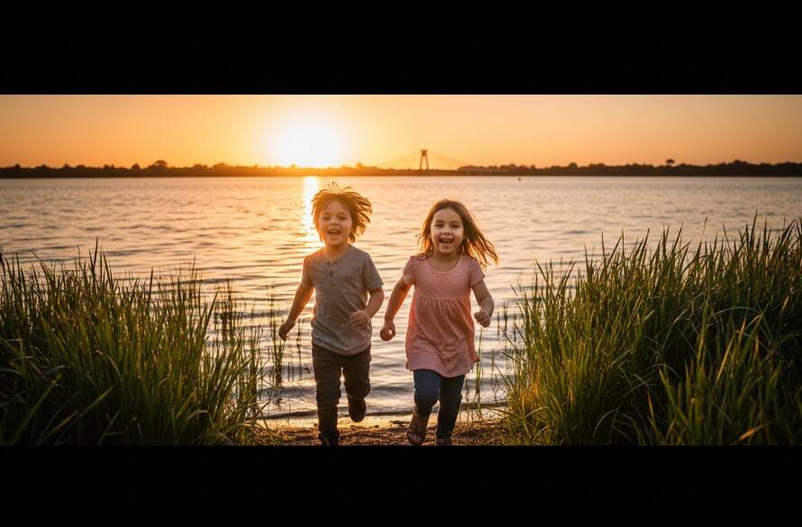 A wide-angle, cinematic photograph showing an epic moment of two children joyfully running along the shore of Sanctuary Lakes at sunset, their laughter illuminated by golden hour light, embodying Epic Kids Photography Sanctuary Lakes Capturing Joy.