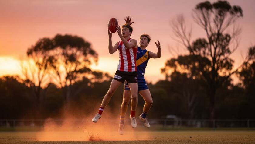 A dramatic wide-angle photograph capturing the peak 'epic Laverton youth sports photography moments' of a junior soccer player scoring a goal on a vibrant green field, bathed in golden hour light, with cheering crowds in the soft background, conveying intense focus and triumph.