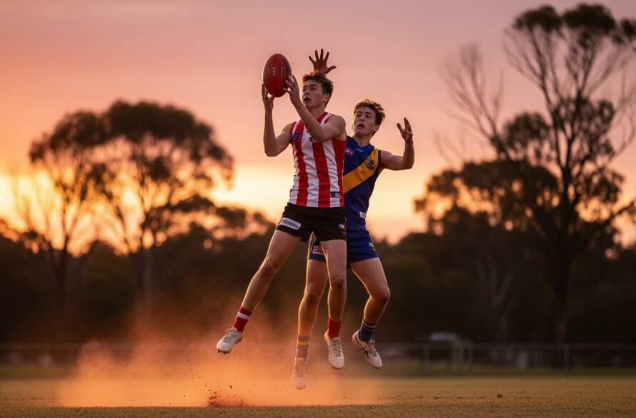A dramatic wide-angle photograph capturing the peak 'epic Laverton youth sports photography moments' of a junior soccer player scoring a goal on a vibrant green field, bathed in golden hour light, with cheering crowds in the soft background, conveying intense focus and triumph.