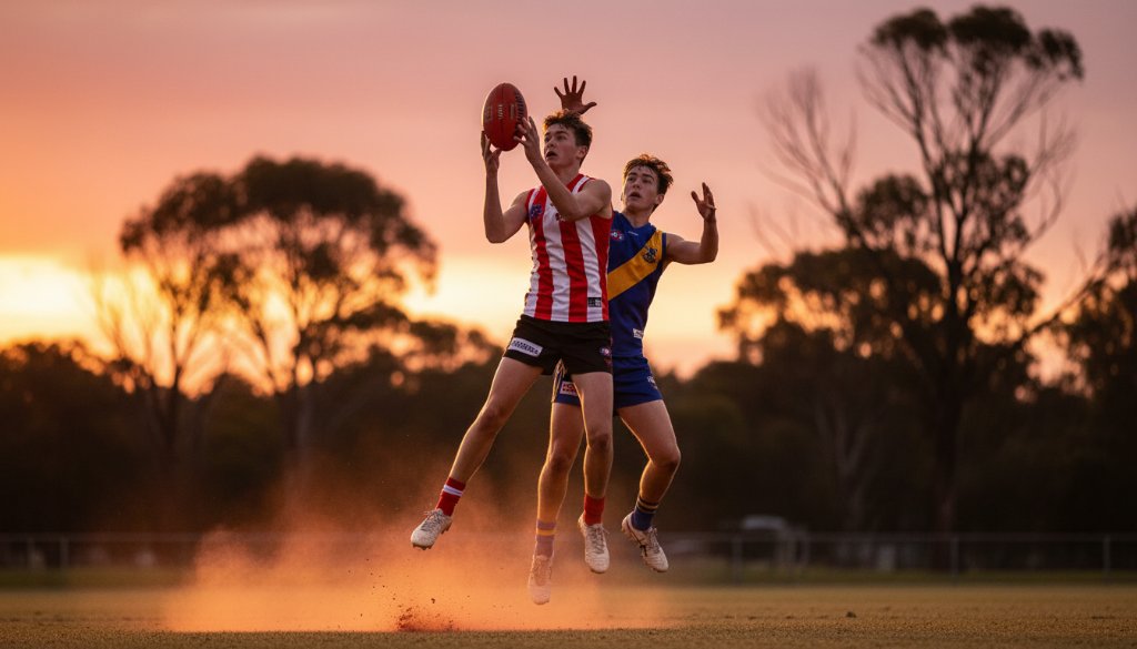 A dramatic wide-angle photograph capturing the peak 'epic Laverton youth sports photography moments' of a junior soccer player scoring a goal on a vibrant green field, bathed in golden hour light, with cheering crowds in the soft background, conveying intense focus and triumph.