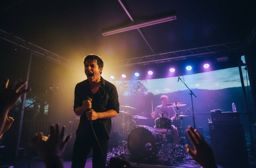 A wide-angle shot capturing an epic live concert photography Upper Ferntree Gully Victoria moment: A lead guitarist mid-shred under dramatic spotlights, sweat flying, audience hands raised, bathed in vibrant blue and red stage lights, conveying raw energy and passion.