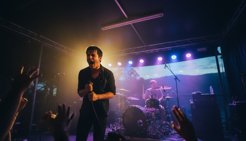 A wide-angle shot capturing an epic live concert photography Upper Ferntree Gully Victoria moment: A lead guitarist mid-shred under dramatic spotlights, sweat flying, audience hands raised, bathed in vibrant blue and red stage lights, conveying raw energy and passion.