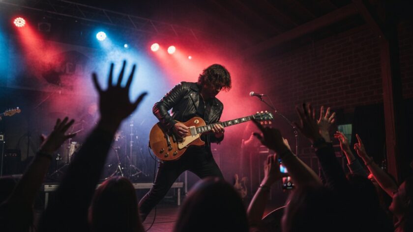 A dynamic, wide-angle, low-light photograph capturing an epic live music moment at a Sale Victoria photography concert, featuring a lead guitarist mid-shred with dramatic stage lighting, crowd hands raised in the foreground, and a vibrant energy.