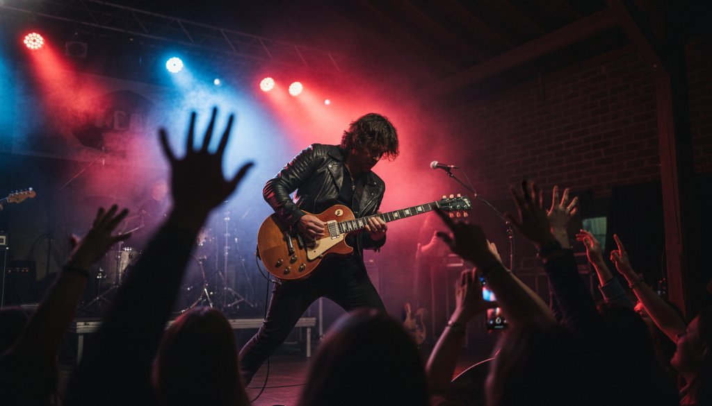 A dynamic, wide-angle, low-light photograph capturing an epic live music moment at a Sale Victoria photography concert, featuring a lead guitarist mid-shred with dramatic stage lighting, crowd hands raised in the foreground, and a vibrant energy.