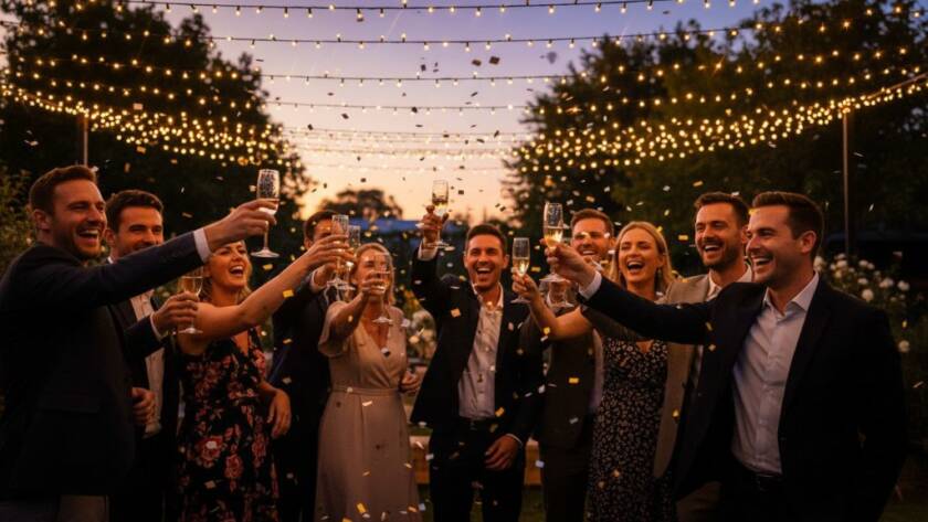 An epic moment captured in Kingsville, Victoria: Guests laughing joyfully under string lights at a vibrant outdoor party, creating timeless epic party photography Kingsville Victoria memories with professional, warm lighting and dynamic composition.