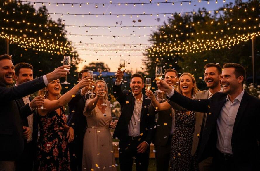 An epic moment captured in Kingsville, Victoria: Guests laughing joyfully under string lights at a vibrant outdoor party, creating timeless epic party photography Kingsville Victoria memories with professional, warm lighting and dynamic composition.