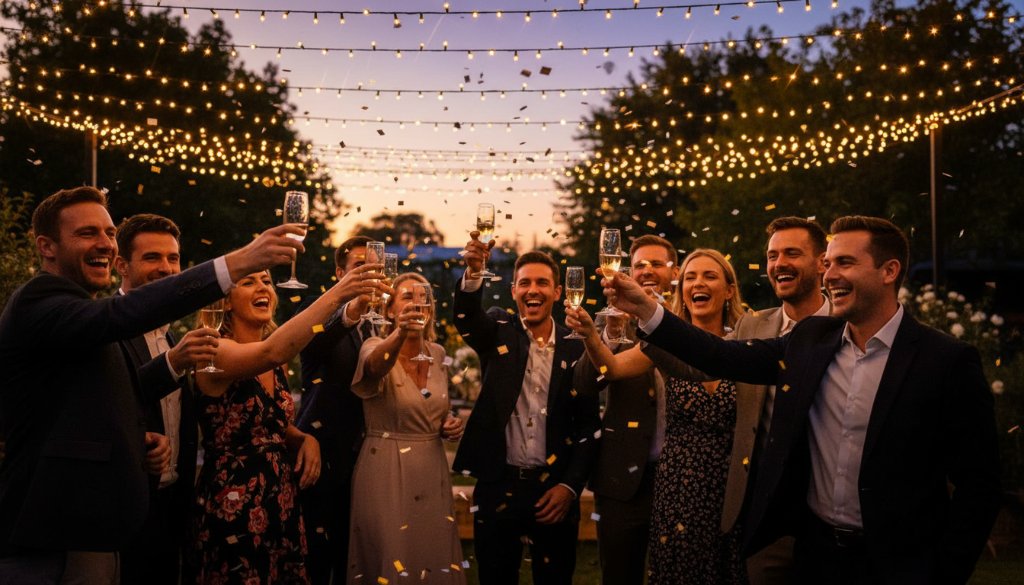 An epic moment captured in Kingsville, Victoria: Guests laughing joyfully under string lights at a vibrant outdoor party, creating timeless epic party photography Kingsville Victoria memories with professional, warm lighting and dynamic composition.