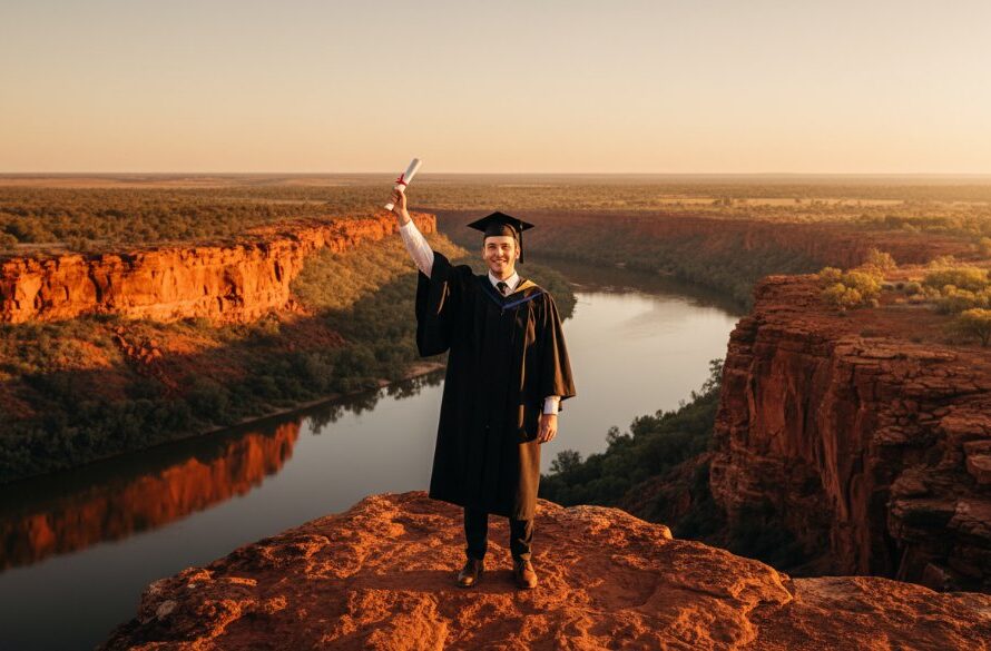 An Epic Red Cliffs Victoria Graduation Photoshoot moment: A beaming graduate in cap and gown, framed by the dramatic red cliffs at sunset, holding their diploma high in celebration, with golden light illuminating their joyful expression.