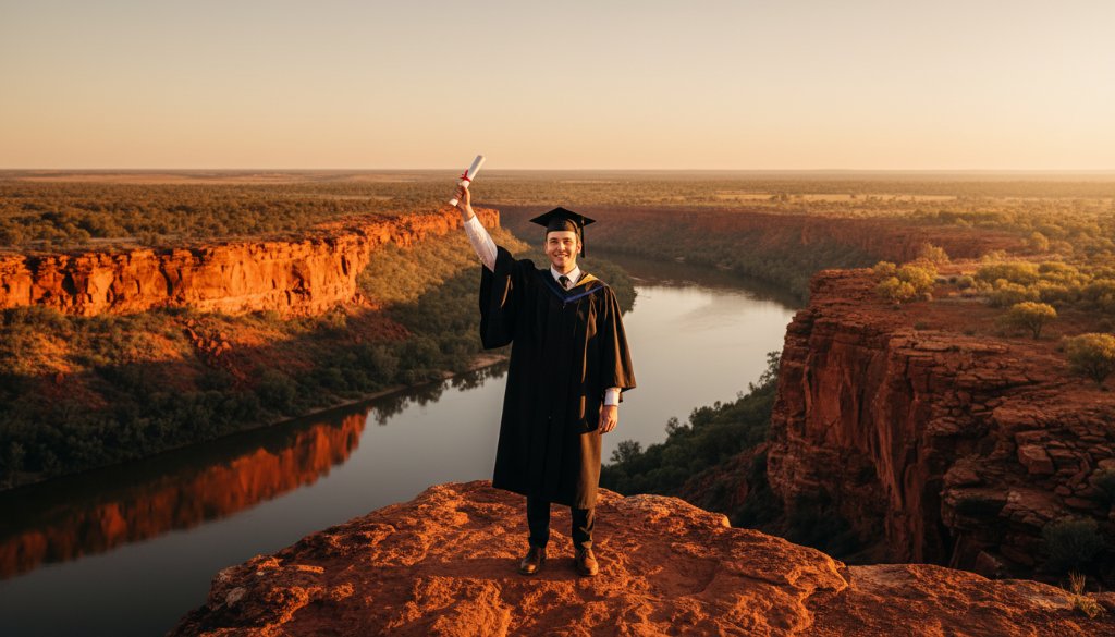 An Epic Red Cliffs Victoria Graduation Photoshoot moment: A beaming graduate in cap and gown, framed by the dramatic red cliffs at sunset, holding their diploma high in celebration, with golden light illuminating their joyful expression.