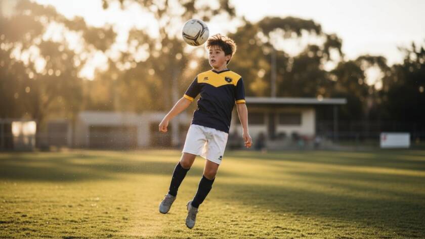 A dramatically lit, close-up, action shot of a young soccer player in Clayton South mid-kick, focus and determination on their face, capturing an Epic Sports Moments Photography Clayton South moment with dynamic motion blur and a professionally color-graded finish.
