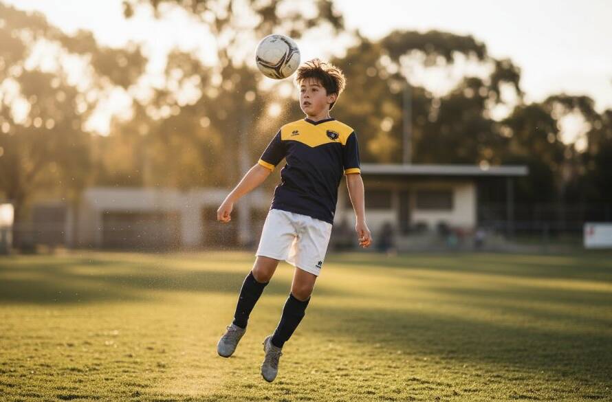 A dramatically lit, close-up, action shot of a young soccer player in Clayton South mid-kick, focus and determination on their face, capturing an Epic Sports Moments Photography Clayton South moment with dynamic motion blur and a professionally color-graded finish.