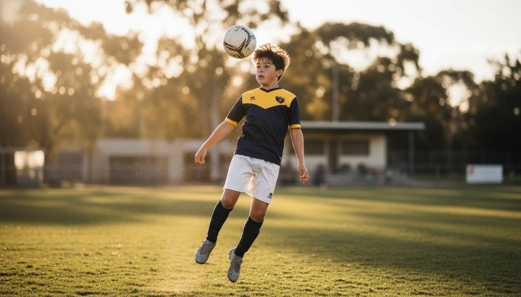 A dramatically lit, close-up, action shot of a young soccer player in Clayton South mid-kick, focus and determination on their face, capturing an Epic Sports Moments Photography Clayton South moment with dynamic motion blur and a professionally color-graded finish.