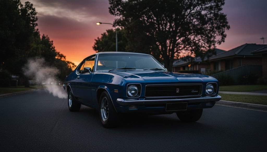 Dramatic night shot of a polished vintage muscle car parked on a quiet, tree-lined street in Croydon North, Victoria, with its chrome glinting under the streetlights, capturing the essence of epic vintage car photography Croydon North.