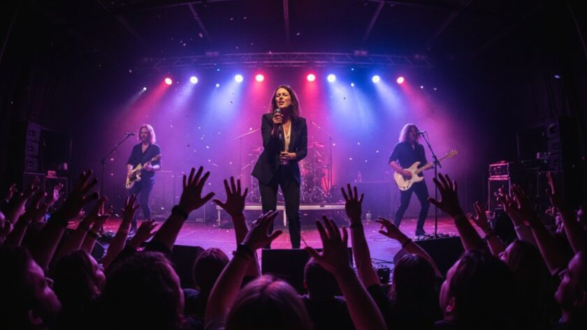 Dramatic wide shot capturing an epic moment of a lead singer performing on stage under vibrant stage lights, surrounded by an enthusiastic crowd at a live music venue in Epsom, Victoria, expertly showcasing Epsom live music photography capture.