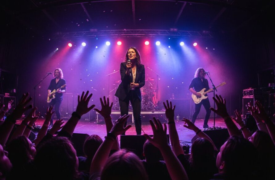 Dramatic wide shot capturing an epic moment of a lead singer performing on stage under vibrant stage lights, surrounded by an enthusiastic crowd at a live music venue in Epsom, Victoria, expertly showcasing Epsom live music photography capture.