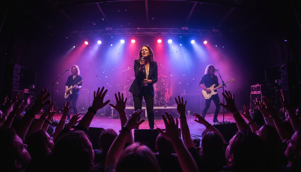 Dramatic wide shot capturing an epic moment of a lead singer performing on stage under vibrant stage lights, surrounded by an enthusiastic crowd at a live music venue in Epsom, Victoria, expertly showcasing Epsom live music photography capture.