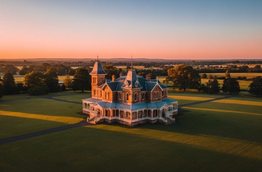 An aerial, golden hour view of a beautifully restored heritage building in Epsom, Victoria, bathed in warm light, highlighting intricate Victorian architectural details, captured with a dramatic wide-angle lens, perfect for an Epsom Victoria architectural photography showcase portfolio hero shot.